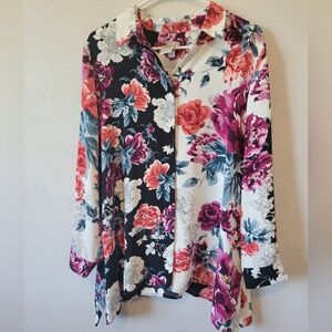 Chico’s Women’s Sz 2P US: 12/14 Rose Print Tunic Hem Regal Rose Long Sleeve